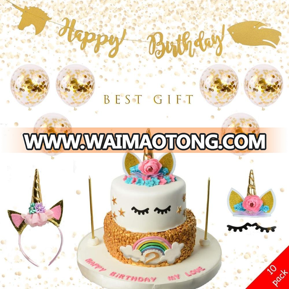 Unicorn Birthday Party Supplies, Eyelashes, Headband, New Design Banner, Gold Party Decorations 6 Ballons Gift